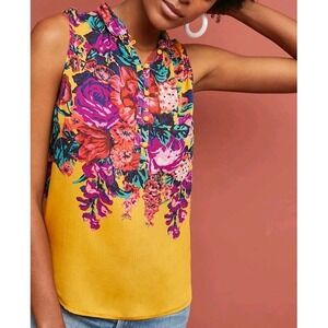 Meadow Rue Anthropologie Cecilia Yellow Floral Sleeveless Blouse Top Shirt Sz M